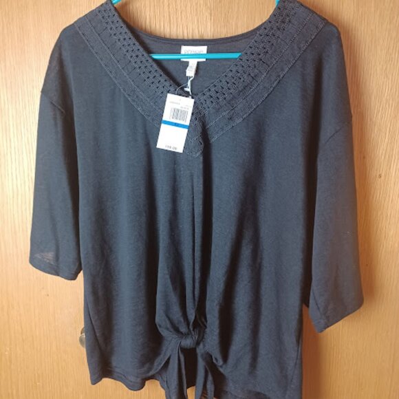 Greige Tops - Women's Black, Lightweight, Dolman Sleeved, Tie-front, V-Neck Blouse, NWT